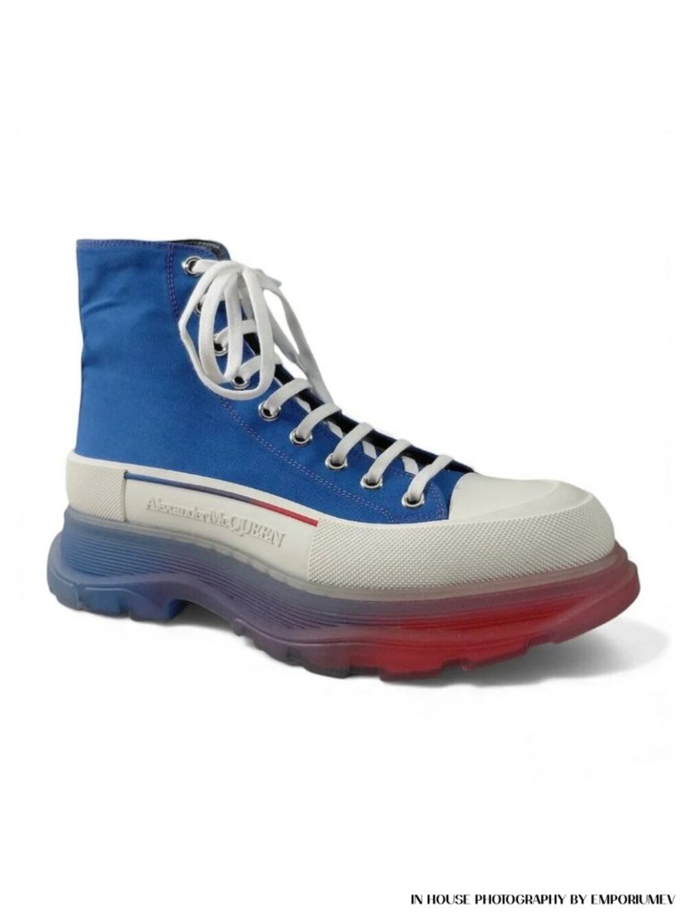Alexander McQueen Mens Tread Slick Lace-Up Blue, Red & White Boots US 11 (0579)